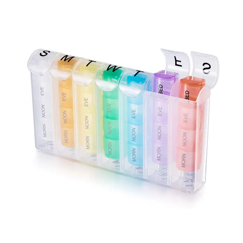 Regenbogen 28 Teller wöchentlich 7 Tage täglich tragbares Frühjahrspille-Aufbewahrungsbox Plastik Medizin-Tablettenbox für Outdoor-Reisen