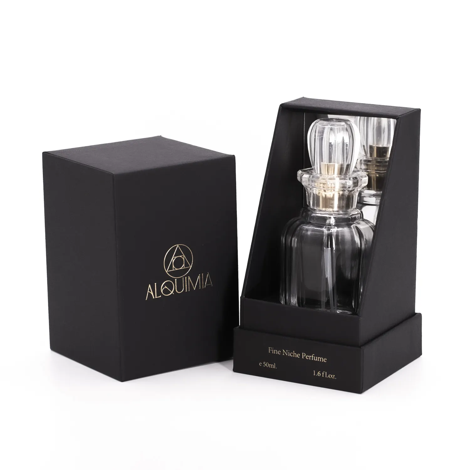Couvercle de luxe et fond de base Carton noir rigide personnaliser emballage flacon de parfum avec boîte