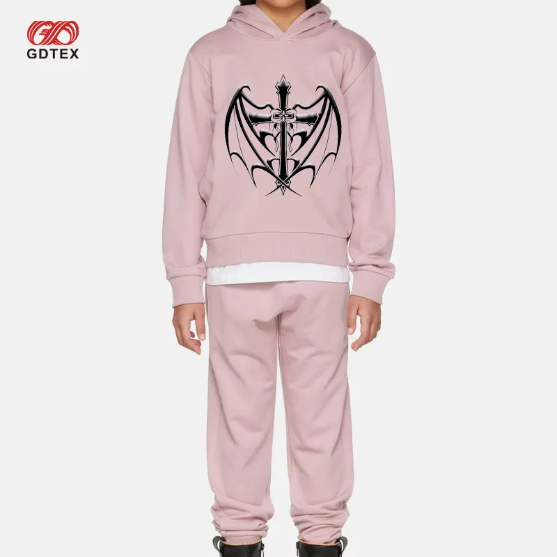 GDTEX Individueller Vintage Jesus Fledermaus Flügel Kreuz hängende Schulter Rundhalsausschnitt Kid Sweatshirt Jogger Streetwear Hosen 2-teiliges Kinderbekleidungs-Set