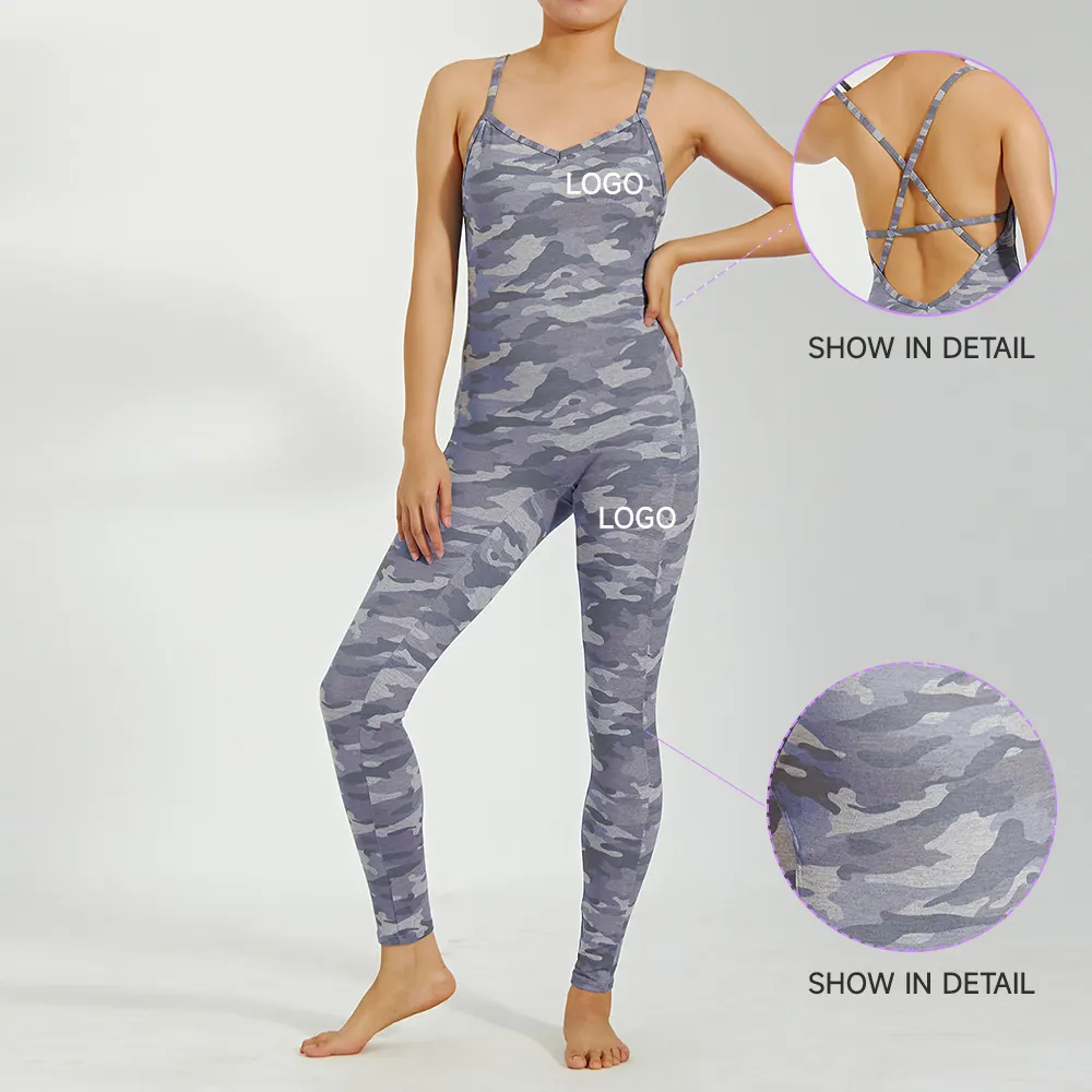 Camuflagem Impressão Activewear Mulheres Uma peça Sexy Sem Mangas Cruz Voltar One Piece longo Macacão personalizado impressão bodysuit