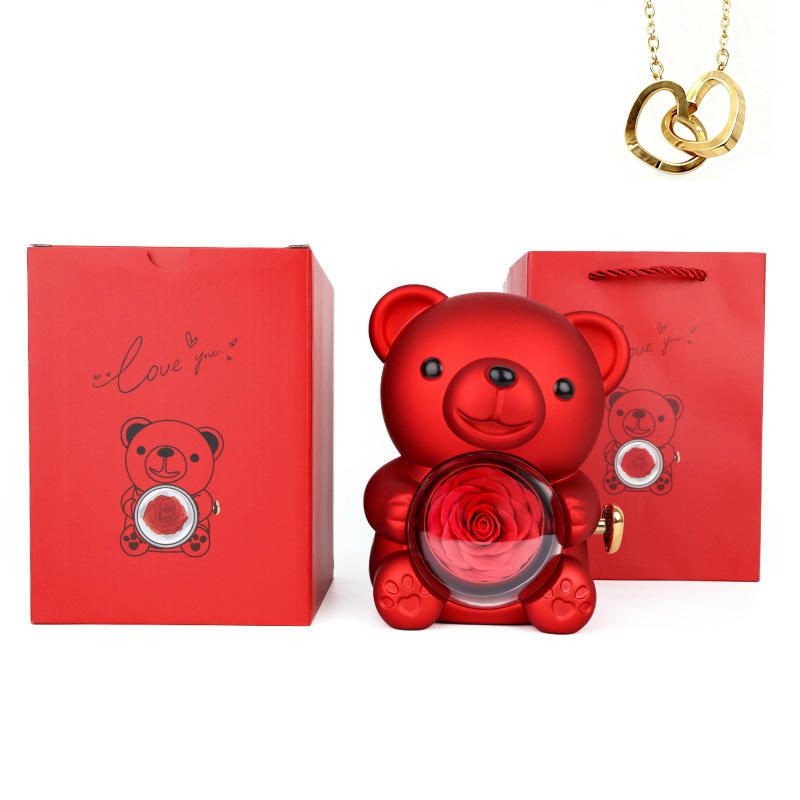 Red soap flower gift box + double heart necklace (gold)