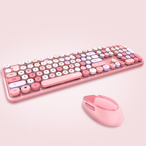 Leite Chá Multiple Colorido Bonito Botão Redondo Escritório Teclado Sem Fio e Mouse Combos Meninas Teclado para Computador