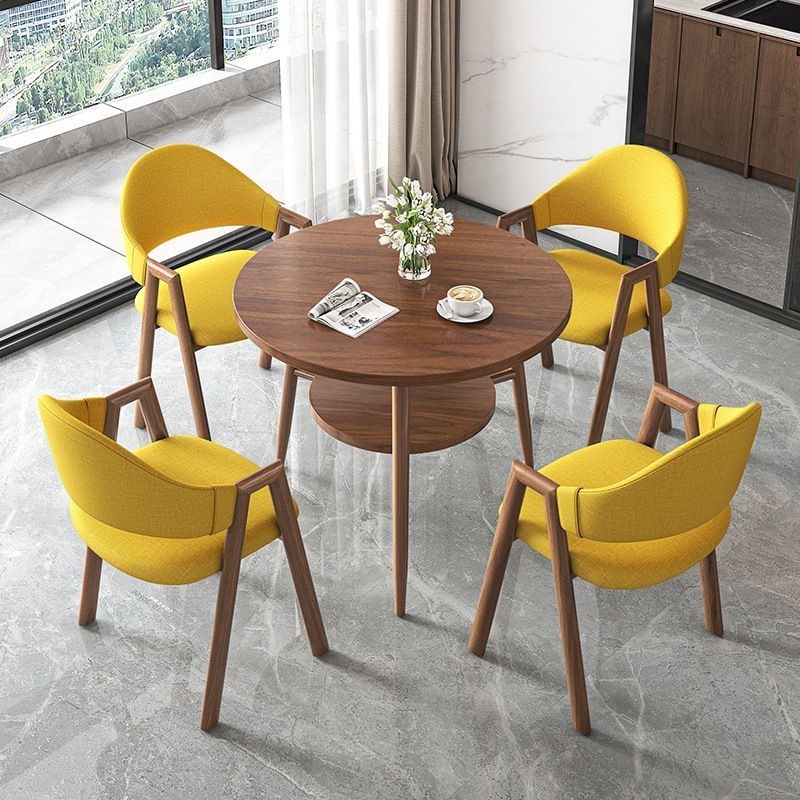 Round table + 4 yellow fabric chairs-walnut legs