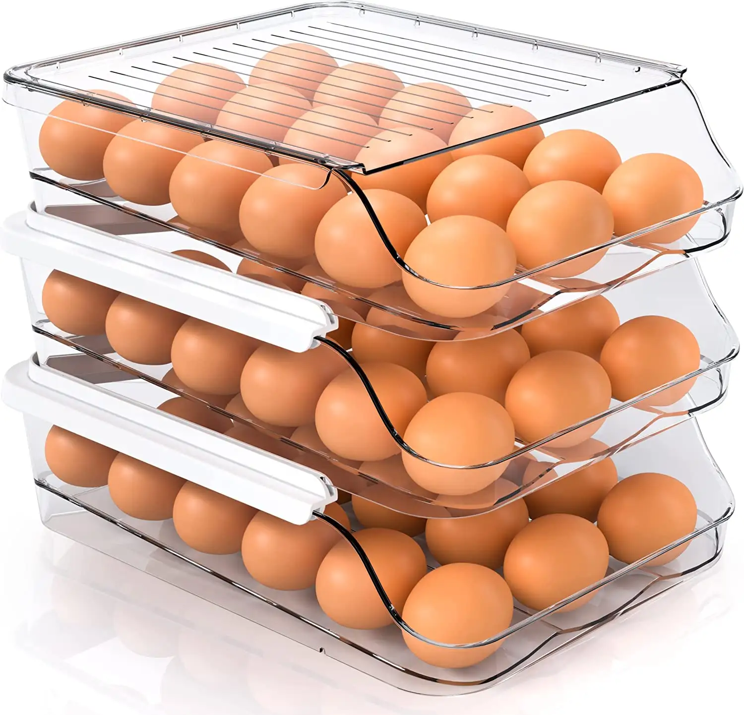 Safe And Durable Stackable Kitchen Rolling Container Plastic With Lid Eggs Holder Organizer For Refrigerator Clear Egg Tray