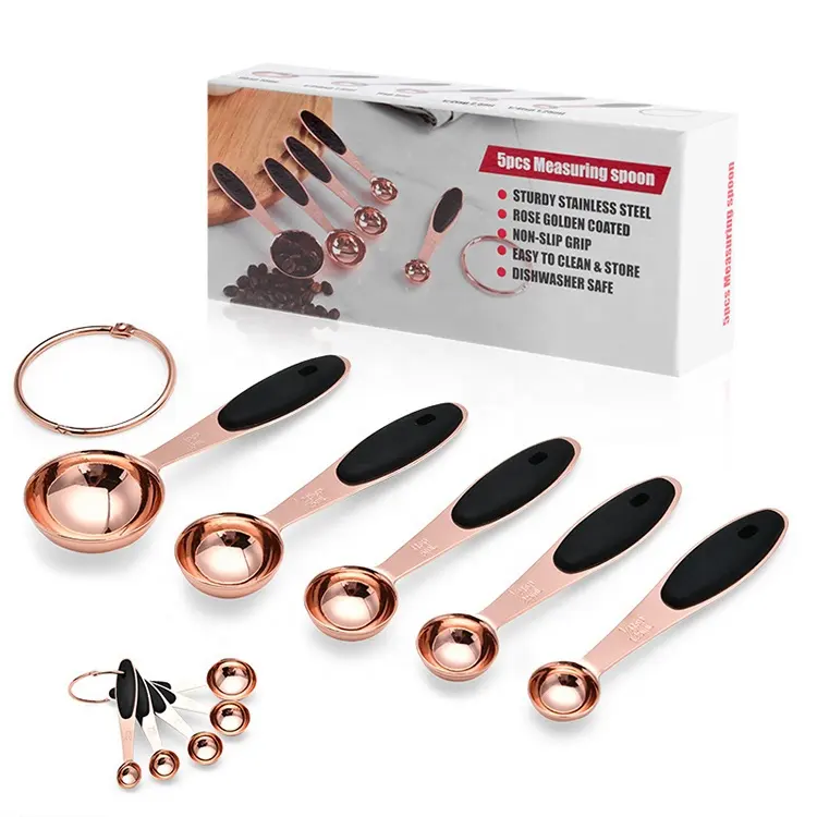 Producto en línea Accesorios de cocina Equipo para hornear Cucharas medidoras de oro rosa ecológicas Juego de 5 piezas con caja de color