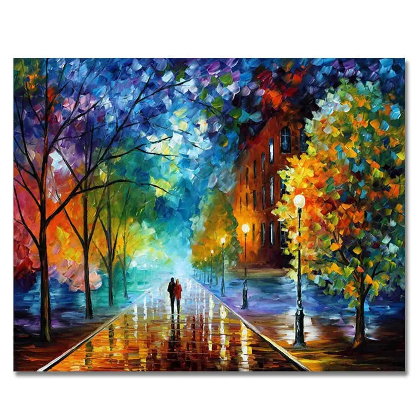 Tela romântica de pintura, paisagem caminhada na paleta da estrada da chuva, faca, pintura a óleo