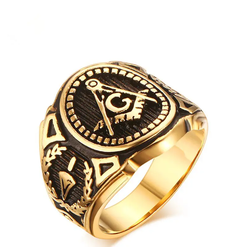 Directo de fábrica al por mayor de acero inoxidable anillo de los hombres de oro antiguo anillo masónico.
