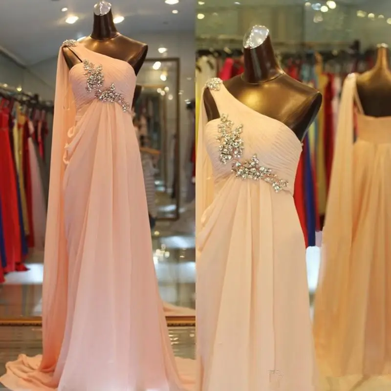 Peach Chiffon Evening Dresses Um Ombro Cristais frisadas plissadas Long Prom Dress