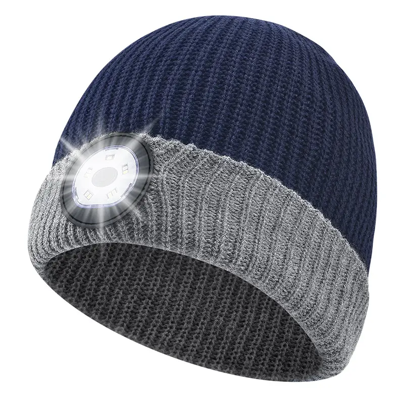 Wanshui Bonnet LED unisexe avec lumière USB rechargeable mains libres 4 LED casquette de lampe frontale hiver tricoté chapeau éclairé de nuit Flash