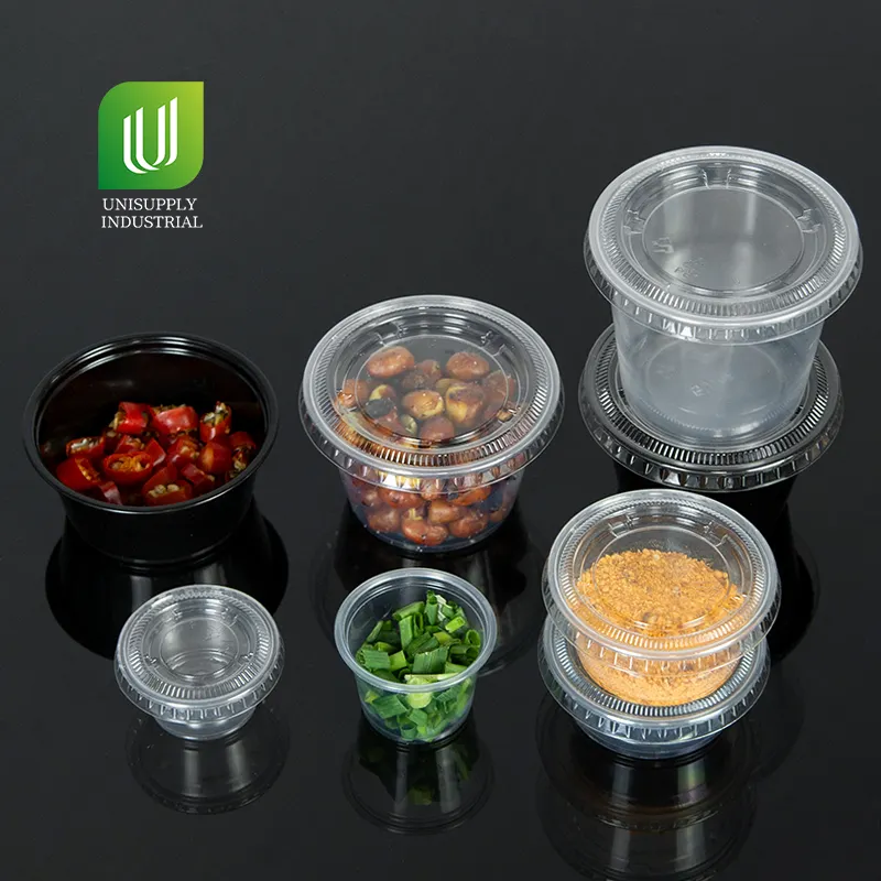 Tasses à portions jetables Récipient pour aliments à emporter 0.75-5.5oz Tasses à sauce en plastique avec couvercle