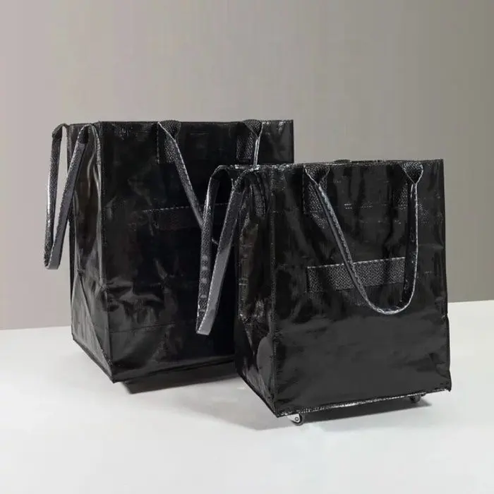 ब्लैक स्लिवर शॉपिंग टोट रोलिंग बैग फोल्डेबल किराना शॉपिंग बैग पहियों के साथ OEM पोर्टेबल ट्रॉली शॉपिंग बैग पहियों के साथ