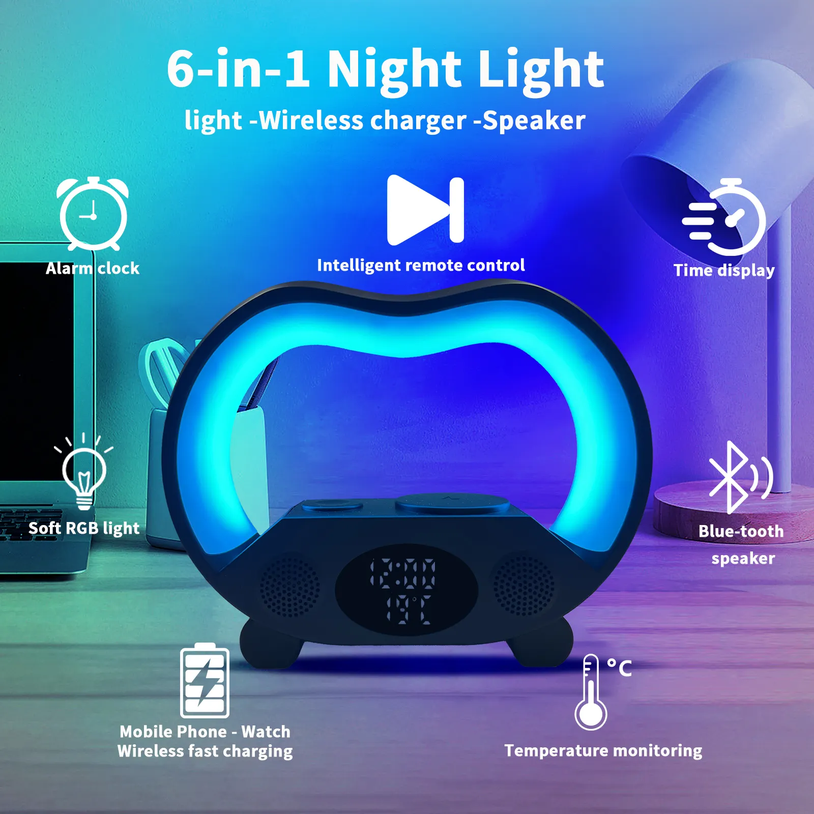 سماعة متعددة الوظائف RGB لغرفة النوم مزودة بشاحن لاسلكي LED ساعة منبه رقمية 15 وات للهواتف المحمولة والساعات الذكية