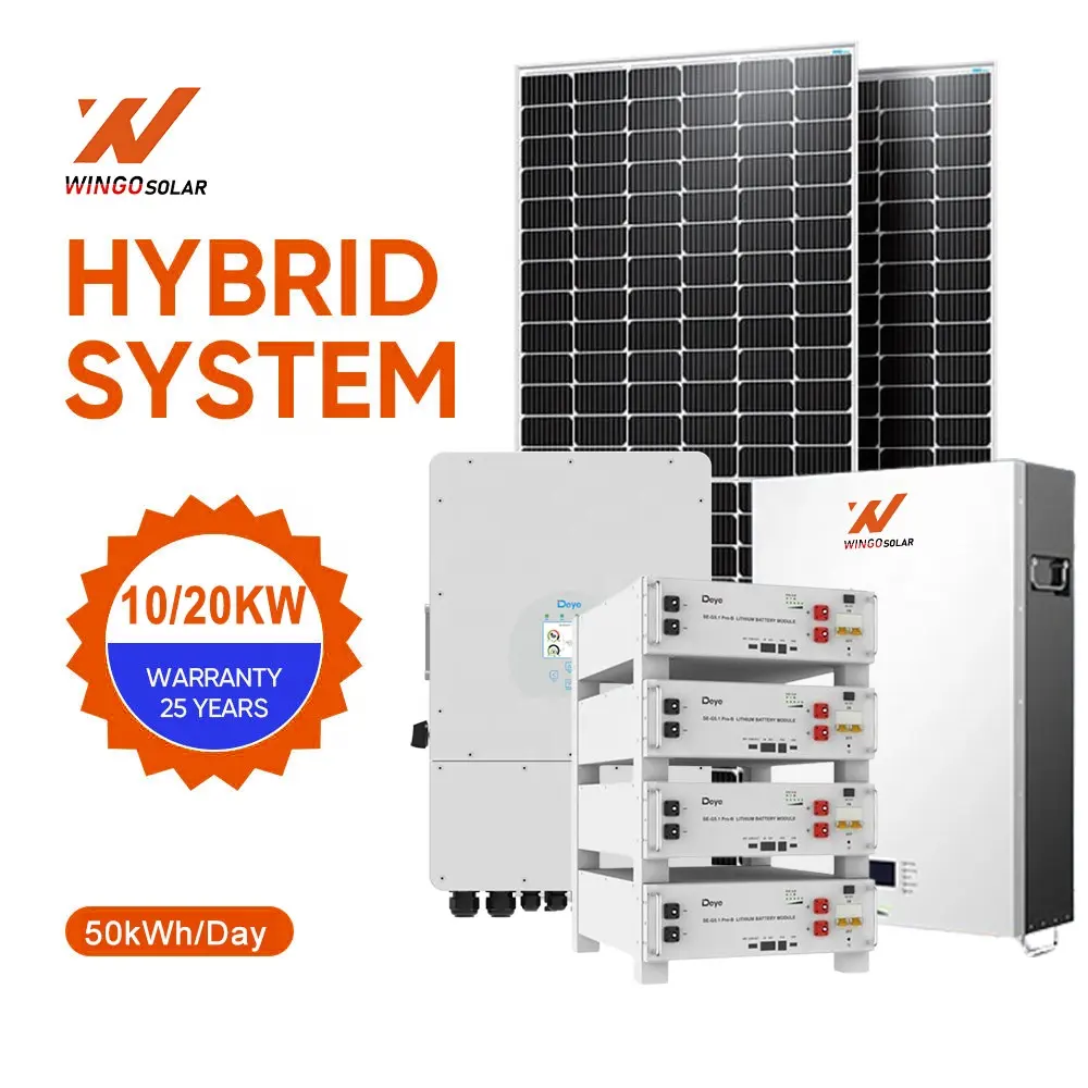 Winingo 태양열 주거용 10KW 태양 전지 패널 전체 키트 20KW 30KW 에너지 저장 시스템 (Deye 배터리 하이브리드 인버터 포함)