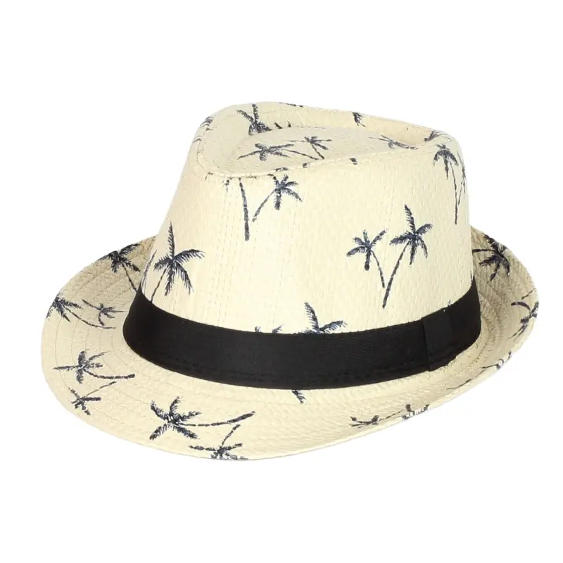 Venta al por mayor moda señora Fedora Trilby gángster gorra paja Panamá sombrero hombres mujeres verano playa papel Jazz sombreros con imagen de árbol