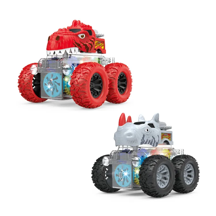 Top Seller 4WD Off Road Car Cartoon Plastic Friction Toy Vehicles Monster Truck 360 Rotation For Kids With Light