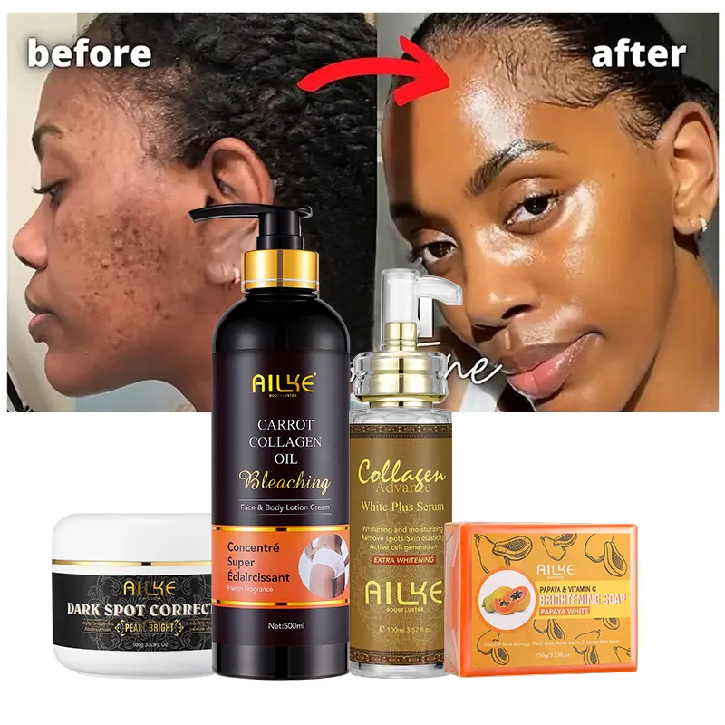 AILKE Body Care Collagen Serum Whitening Dark Spot Face Cream African Black Soap Bleaching Body Lotion Skin Care Set