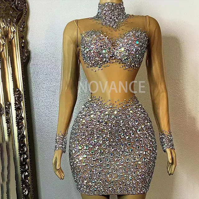 Ropa transparente de gasa para mujer, vestido de fiesta porno, brillante, con diamantes de imitación, para baile de graduación y fiesta de noche, novedad de 2022