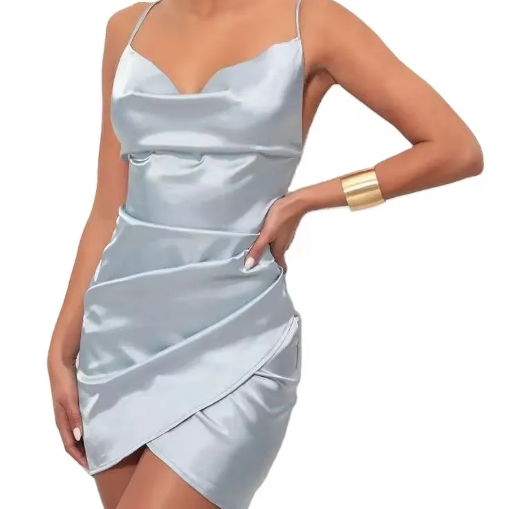 Women's light blue satin dress Sling cutout cross waist mini dress Backless off-shoulder pleated party dress