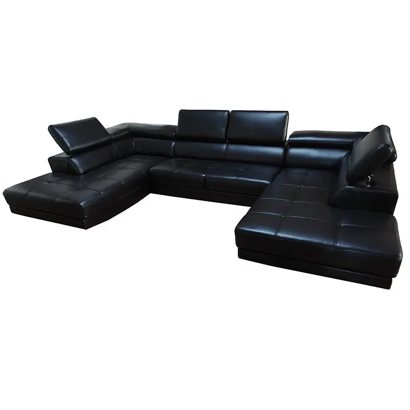 Canapé de salon en cuir véritable noir, ajustable, en forme de U, design moderne, avec Grain