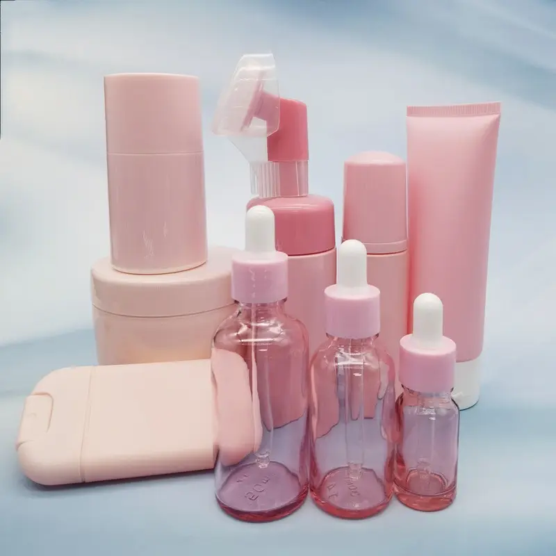 Nuovo contenitore e vasetti per lozione per bottiglie in schiuma cosmetica in PET rosa set di bottiglie per siero per la cura della pelle per confezione cosmetica 30ml 60