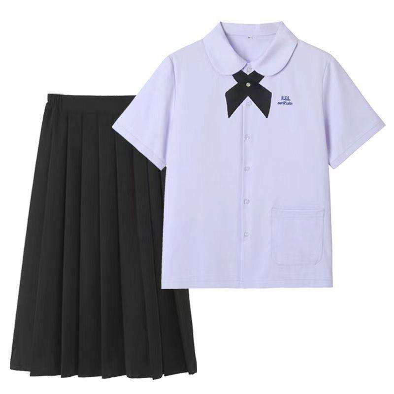 Thai girls short sleeves + black long skirt + cross tie