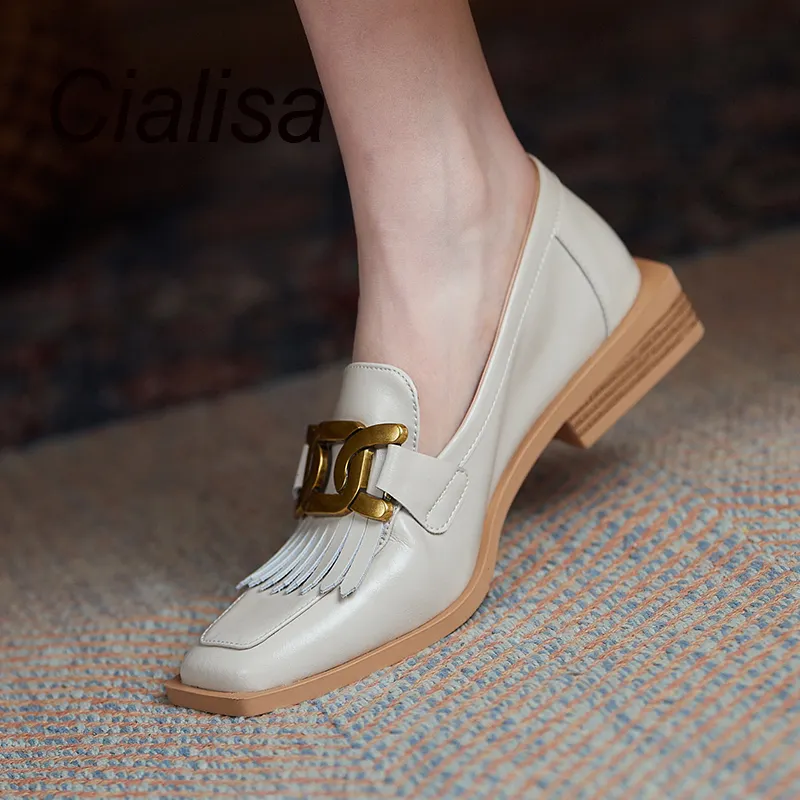 Cialisa-zapatos de lujo hechos a mano de cuero genuino para mujer, calzado con punta cuadrada y tacón bajo, sin cordones