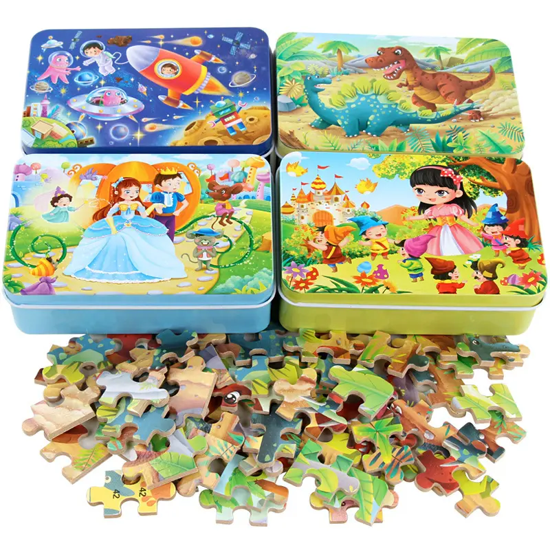 Penjualan laris teka-teki kayu murah kotak besi kartun mainan edukasi permainan teka-teki kayu teka-teki Jigsaw untuk anak-anak