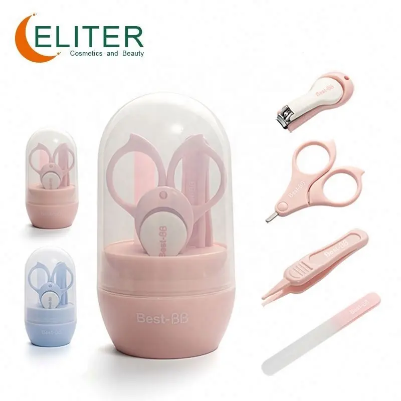 Eliter Hot Sell Wholesale 4 In 1 Pink Blue Scissors Round Tip Nail File Babi Baby Grooming Kit Pink Baby Manicure Kit