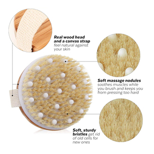 Boar Bristle Cellulite Wooden Exfoliating Bath Shower Brush Round Natural Dry Body Scrub Rubbing Brushes with Massage <strong>Nodules</strong>