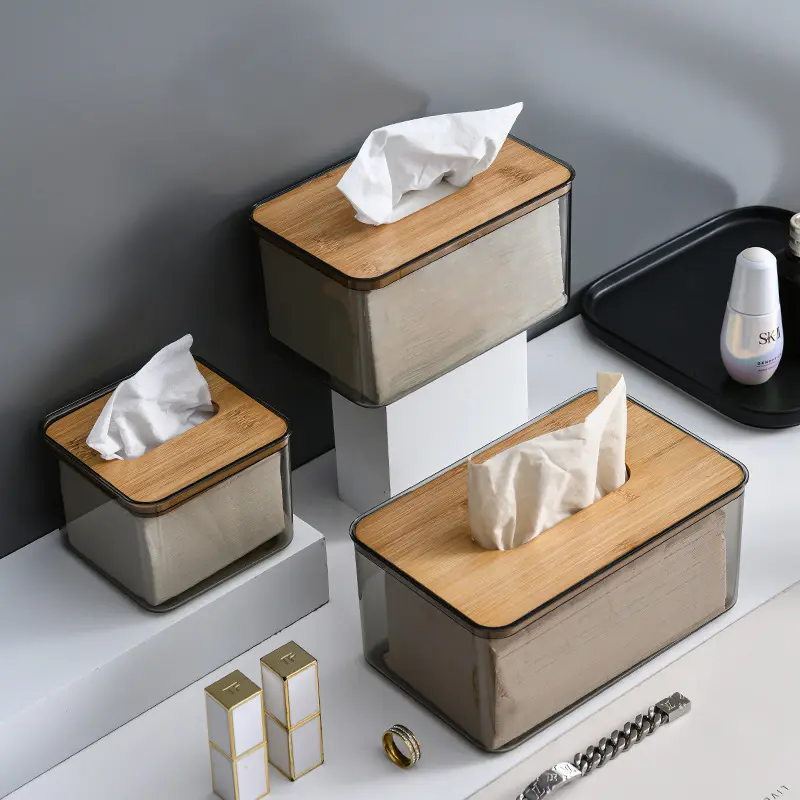 Récipient de rangement pour salle de bain Couvercle de boîte à mouchoirs en bois en plastique Boîte à mouchoirs transparente
