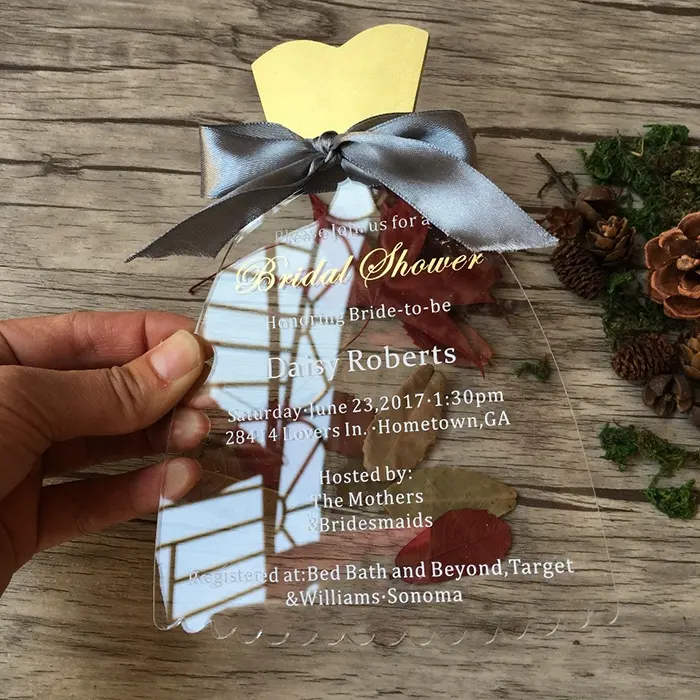 Creative Bridal Shower Invitation Cards Dress Shape Latest Clear Acrylic Invitation Card With Ribbon Bow