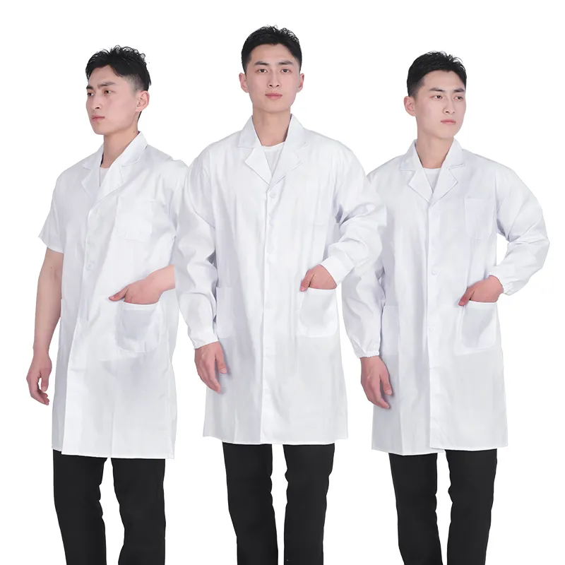 Bata de laboratorio blanca de manga corta para hombre de alta calidad, uniforme de hospital de algodón y poliéster tejido, diseño de muestra de oficina, superventas