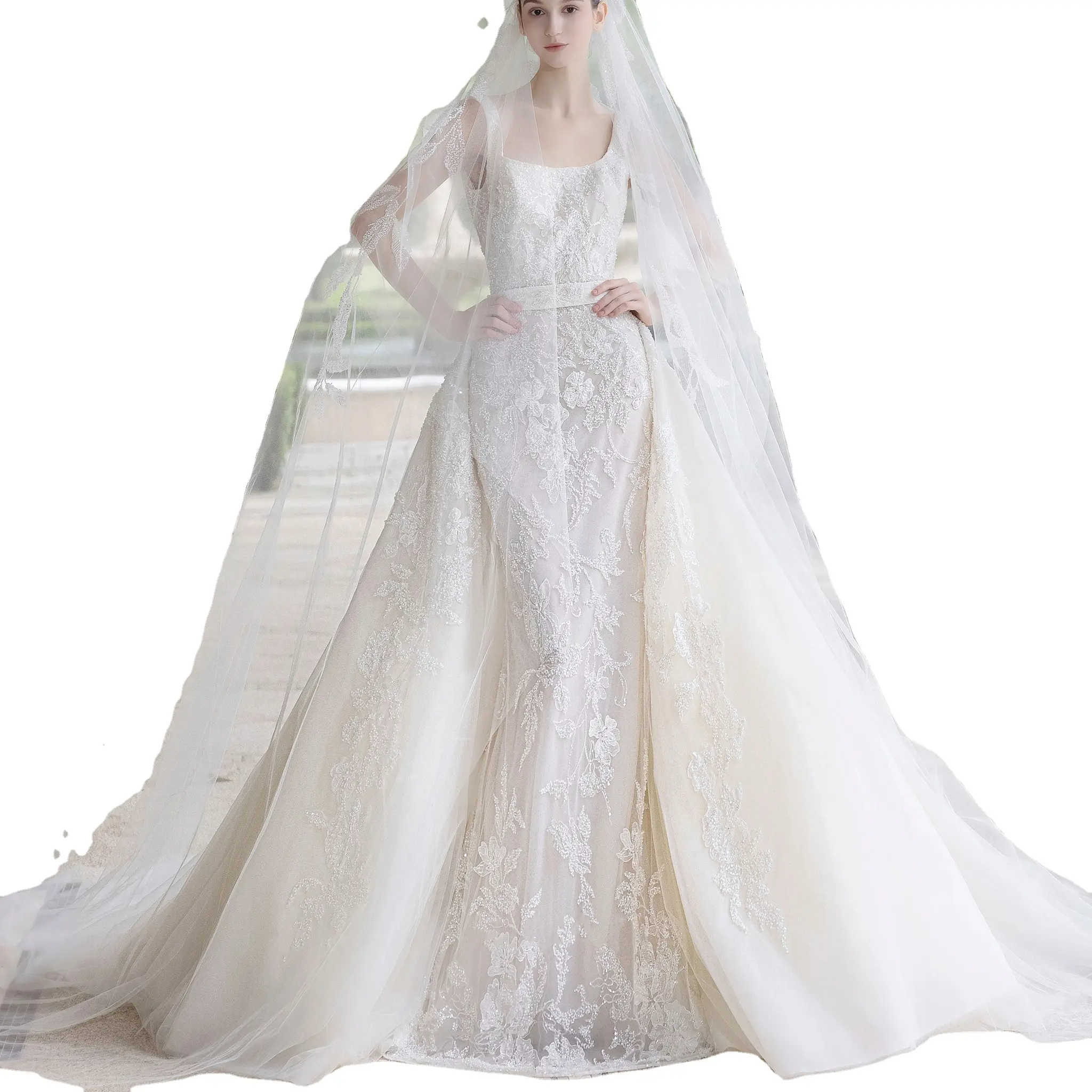 Mode Posaune Spitzen-Applikations-Hochzeit Brautkleid mit abnehmbarem Zug ab der Schulter Meerjungfrau Hochzeitskleider