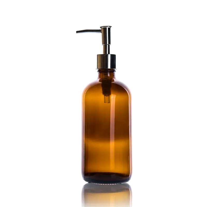 Antika tasarım kalın Amber cam şişe paslanmaz çelik için siyah pompa losyonu, sabun, uçucu yağ