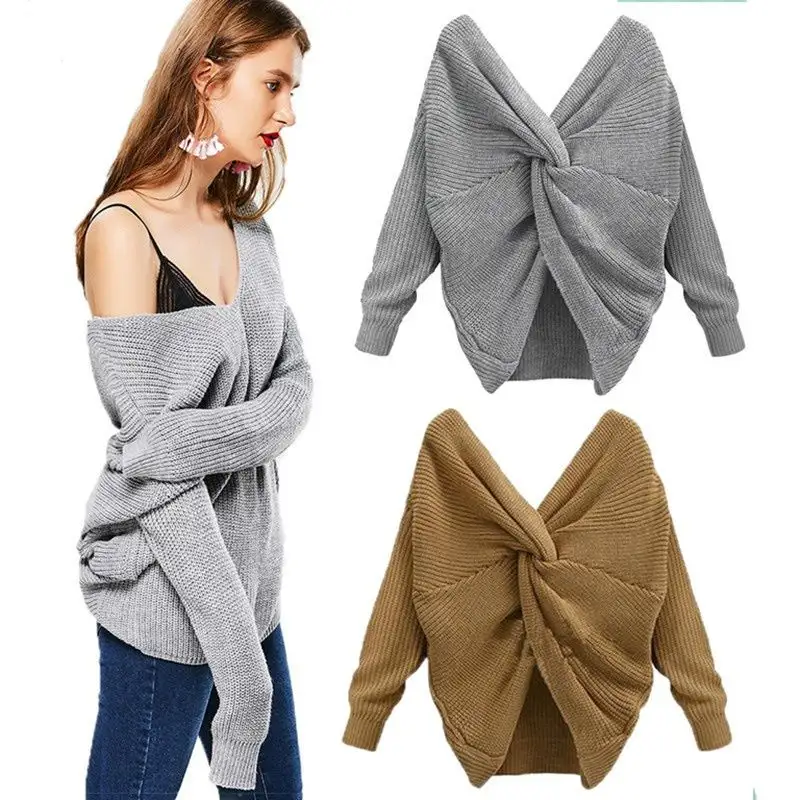 Moda inverno roupas sexy suave planície Knit Sweater V-Neck Open Back Mulheres Camisola