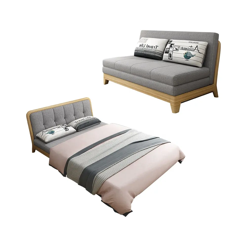 Canapé-lit moderne multifonctionnel Design nordique Tissu pour le salon Couchette pliante Canapé-lit en bois avec casier