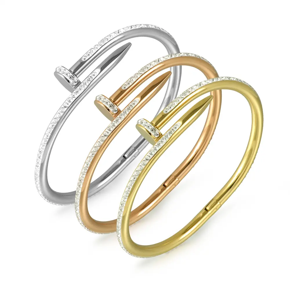 Venta al por mayor de joyería de moda 18K chapado en oro pulsera con diamantes Acero inoxidable diseño de uñas pulsera apertura ajustable