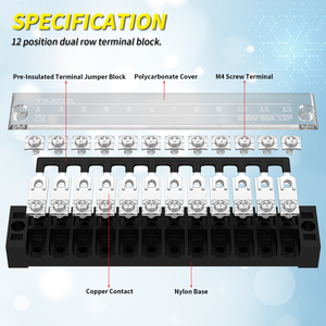 12 Way <strong>Busbar</strong> 600V PCB Terminals Wire Screw Stripe &amp; Ground Jumpers <strong>Dual</strong> Row Insulated Terminal Blocks Connector with Cover - Product Image 2