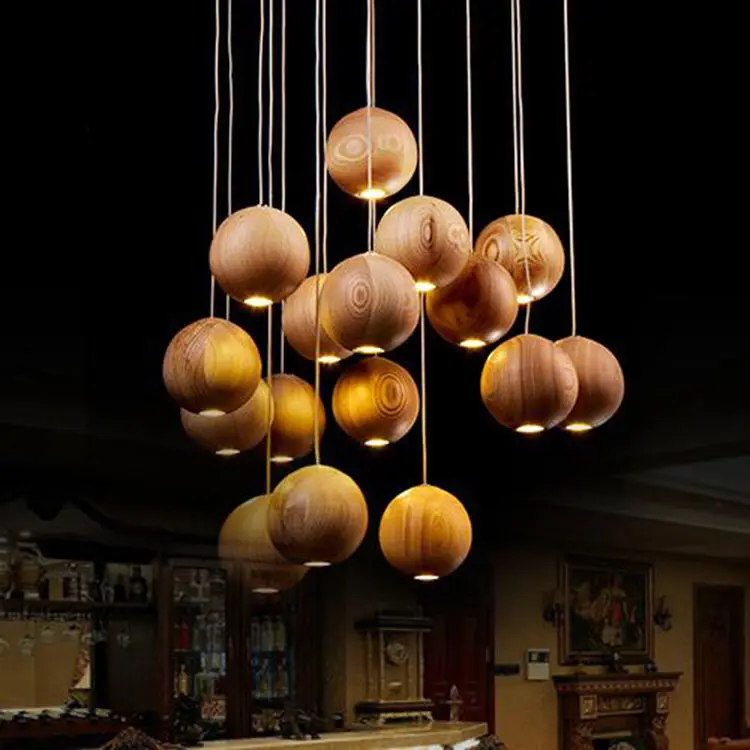 Moderno Pingente De Madeira Luzes Timber Ball Pendurado Lâmpada Criativa Bar Sala Lâmpadas Iluminação Decorativa Foyer Room Shop