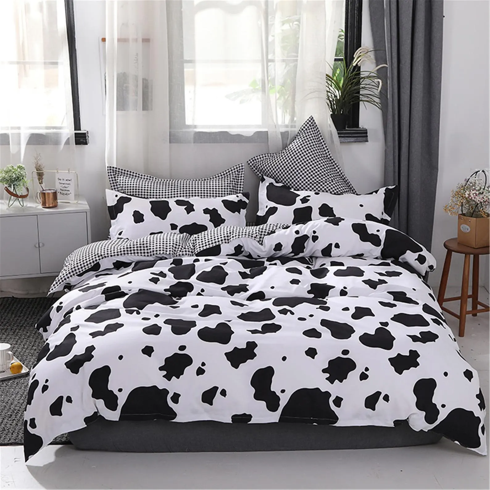 Fronhas de vaca branca e preta, conjunto de 4 peças de cama para verão, conjunto de fronhas de desenho animado para crianças
