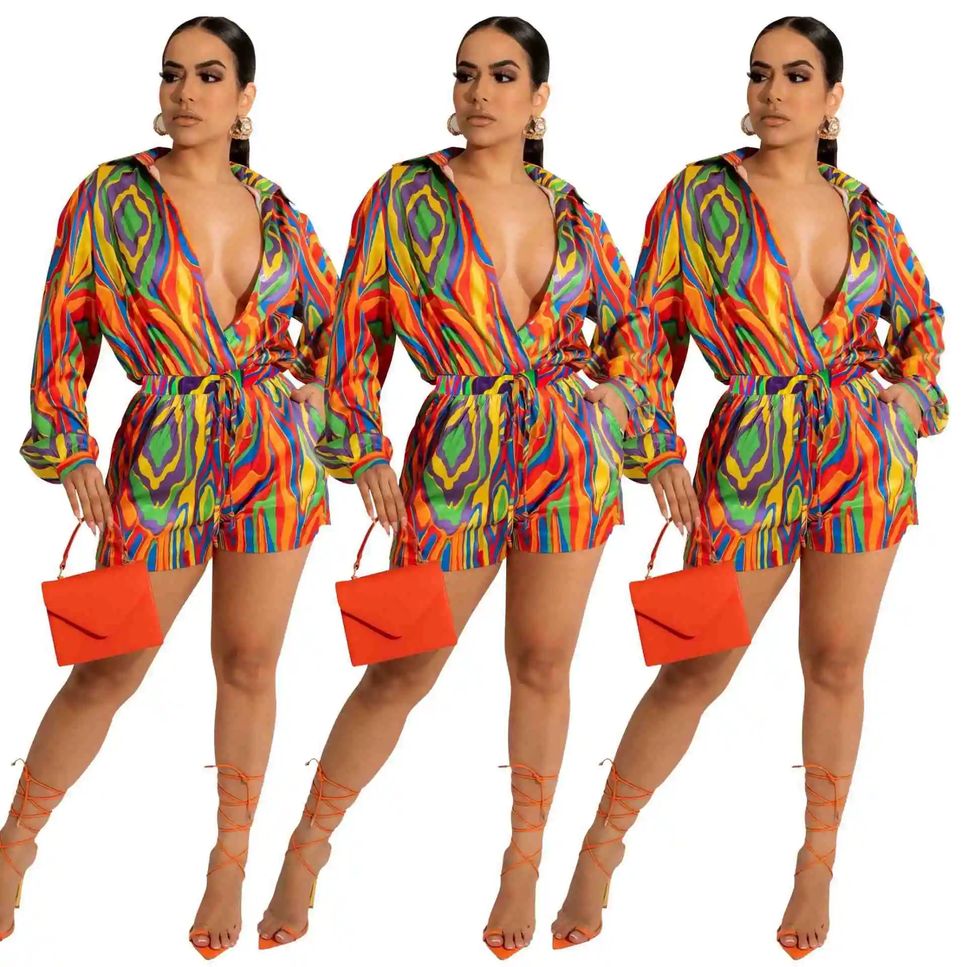 カラフルなプリント2ピースショートセットカジュアル衣装女性服長袖女性ショートパンツツーピースセット