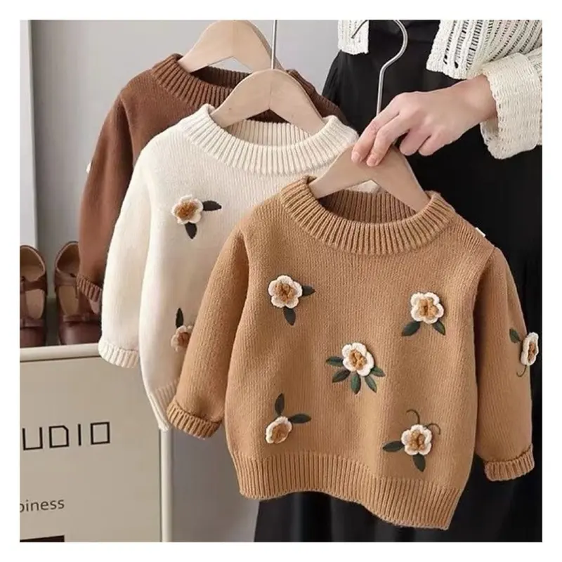 Suéter de punto para bebé, suéter con estampado floral para niños y niñas, diseño de suéter hecho a mano para otoño e invierno, venta al por mayor, 2023, 2