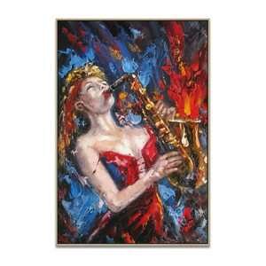 لوحة فنية جدارية بشكل امرأة مرسومة باليد على قماش الأكريليك على شكل آلة موسيقية تناسب غرفة المعيشة - Product Image 1