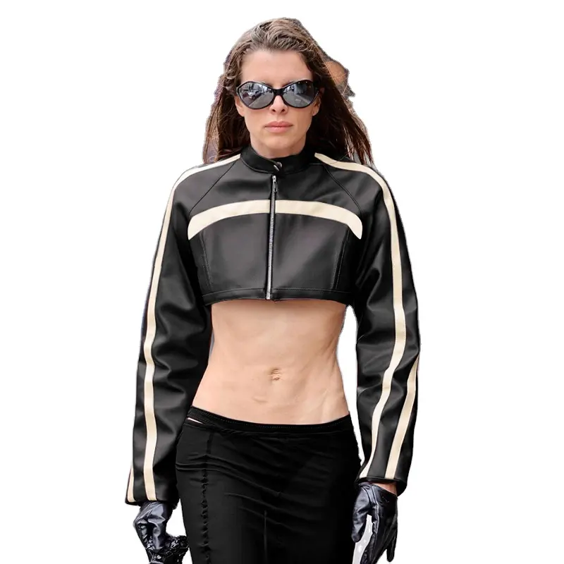 Phụ Nữ Cổ Điển Mỏng Phù Hợp Với Cắt Áo Khoác Zip up Giả Da Biker Áo Khoác