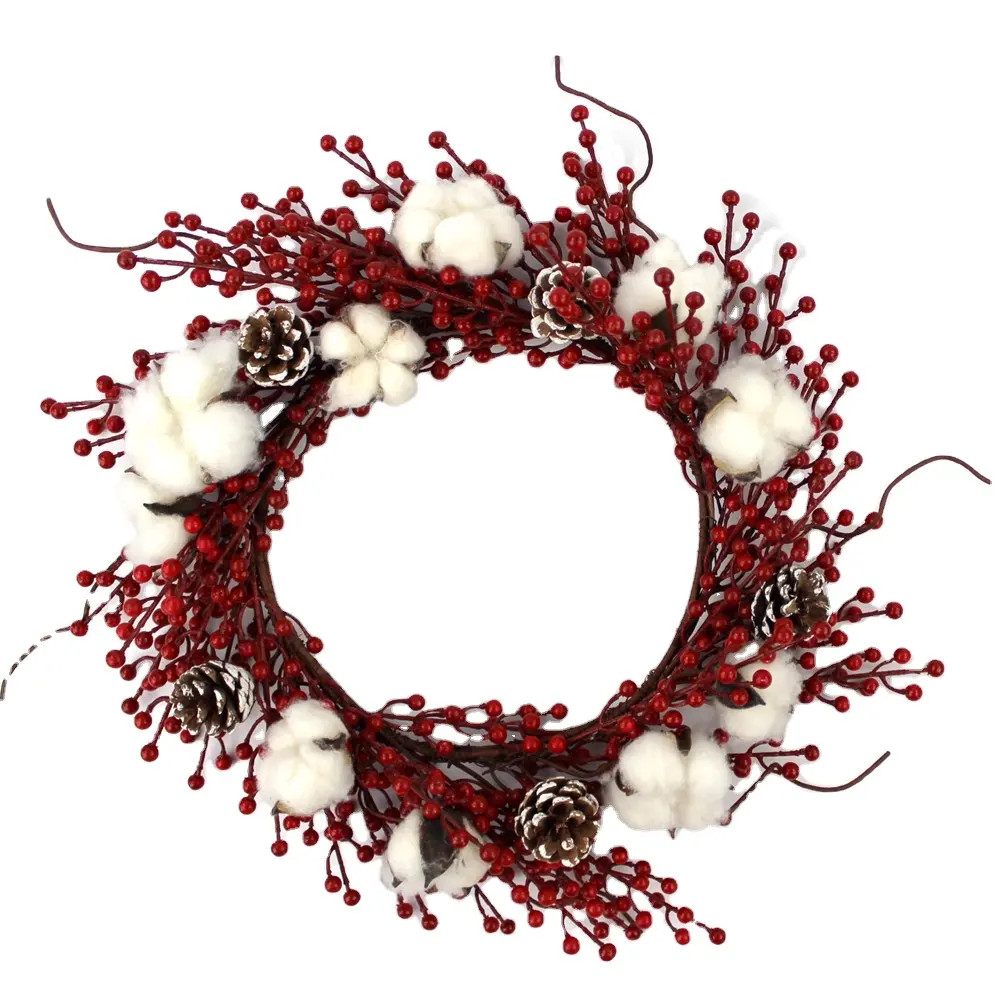 Guirnalda de Navidad de mimbre para el mercado del hotel, adornos para el hogar, bolas de algodón, flores, cono de pino seco, bayas rojas, garland79331