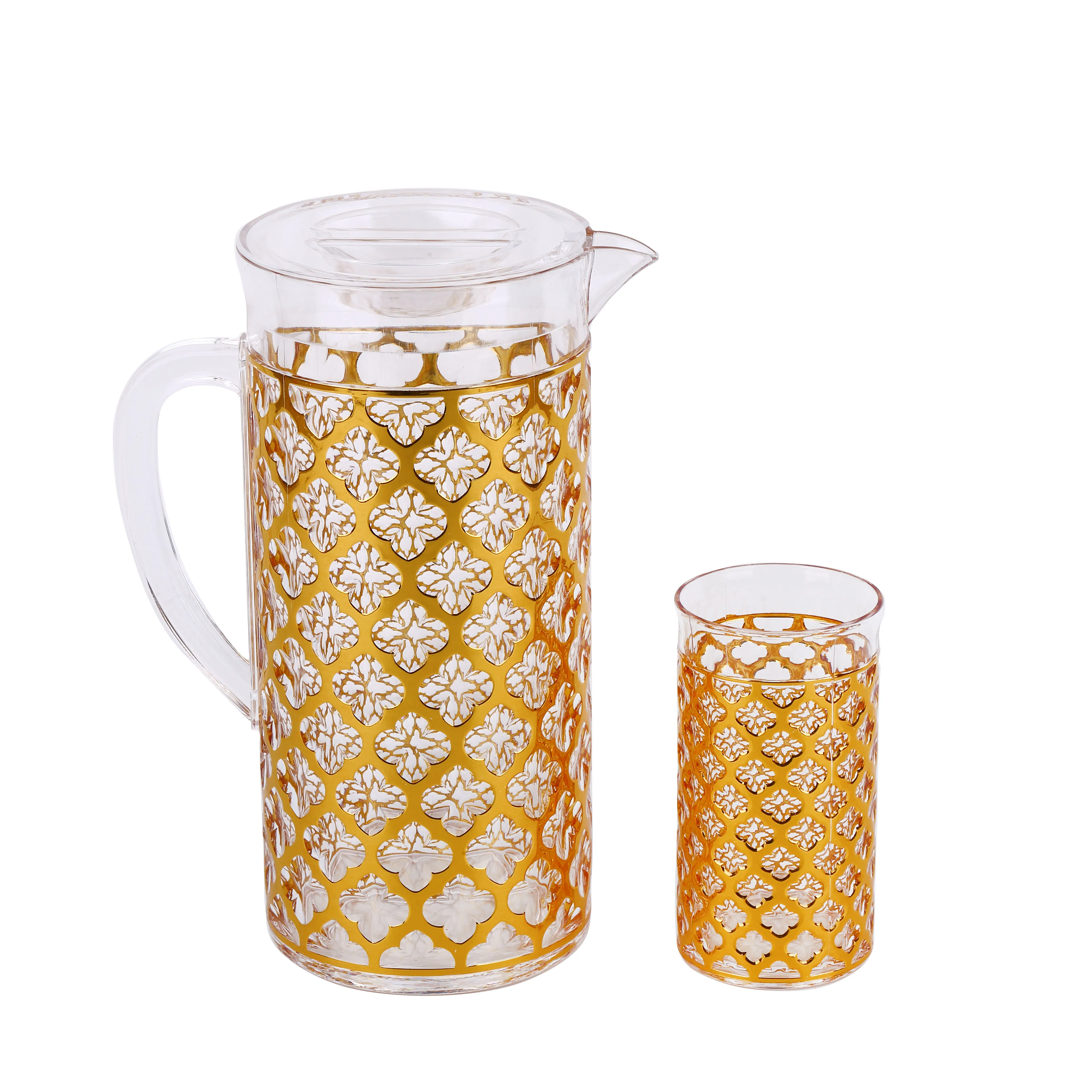 Juego de jarra de agua acrílica con diseño dorado, respetuosa con el medio ambiente, de lujo, con taza