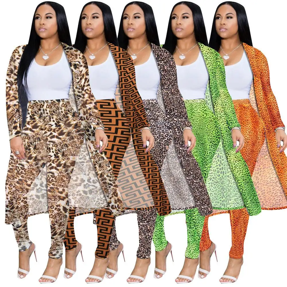 YM8479-Bata con estampado de leopardo para mujer, conjunto informal de abrigo y pantalones largos, ropa para discoteca, conjunto de dos piezas