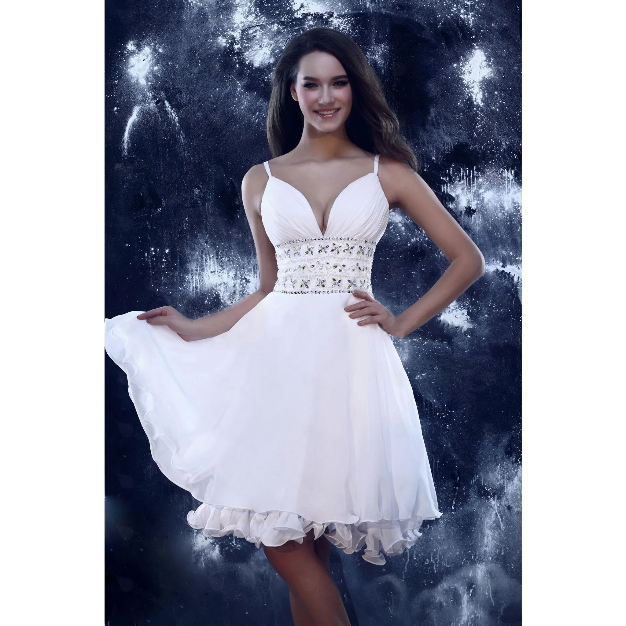 Vestido curto para adolescentes, vestido curto de chiffon com alças espaguete decote em v vestido de festa coquetel