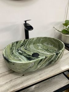 全新设计椭圆形天然石材绿色大理石洗手盆水槽