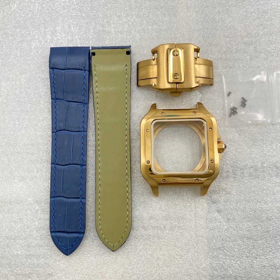 Boîtier doré - Bracelet en cuir bleu